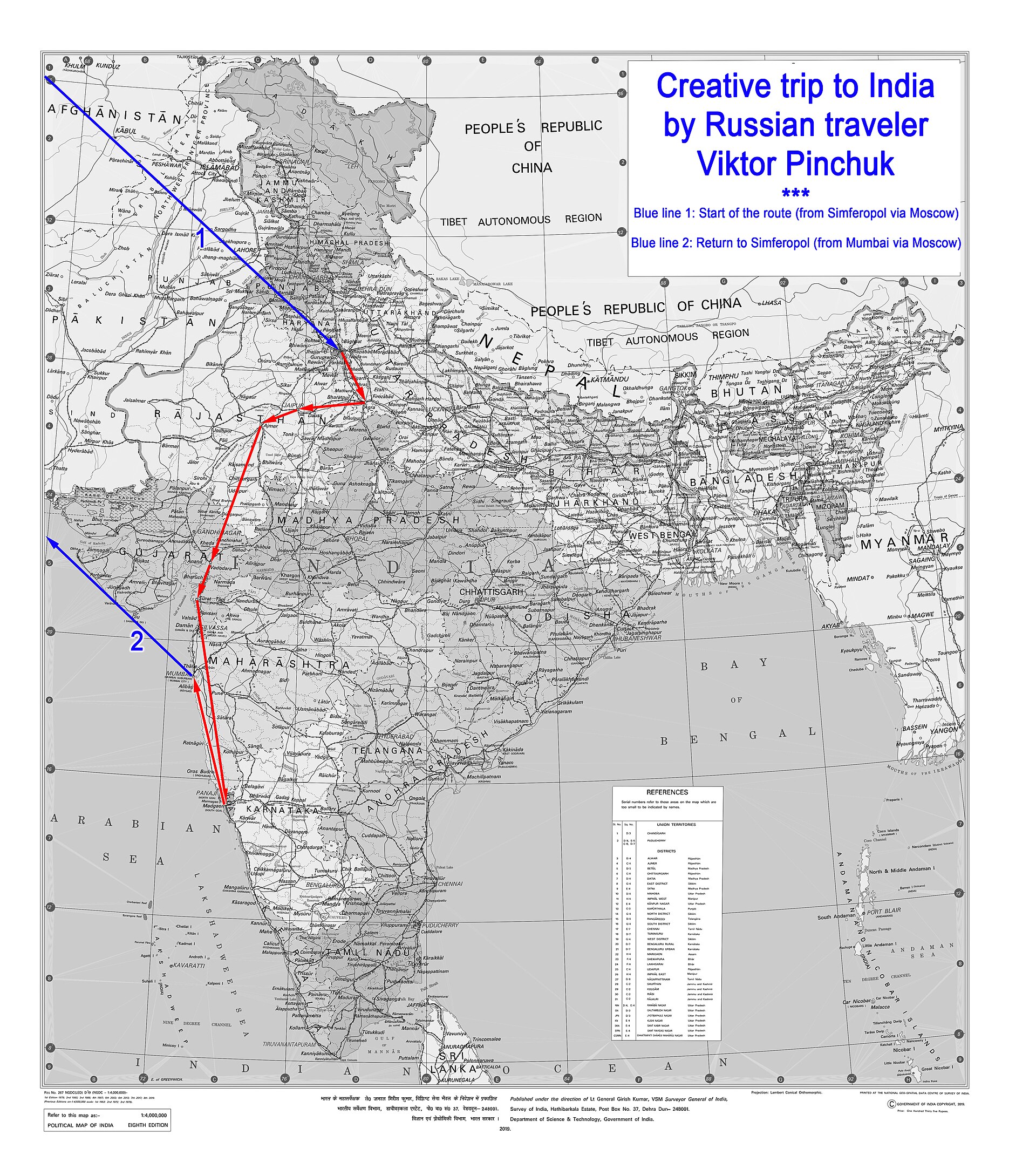 A map details Viktor Pinchuk's creative trip to India, illustrating a journey and migration experience.