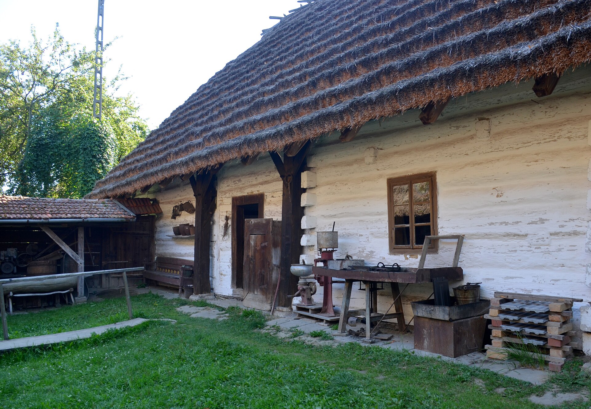 A traditional wooden house with a thatched roof showcases rural architecture and evokes themes of family history.